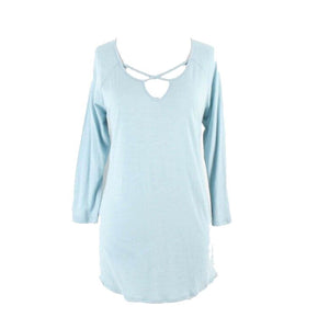 Eddie Bauer NEW Sz M Sea Blue Hi Lo Slub Knit X Neckline Cotton Blend Top