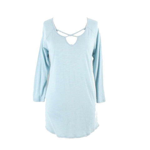 Eddie Bauer NEW Sz M Sea Blue Hi Lo Slub Knit X Neckline Cotton Blend Top
