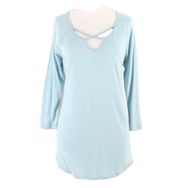 Eddie Bauer NEW Sz M Sea Blue Hi Lo Slub Knit X Neckline Cotton Blend Top