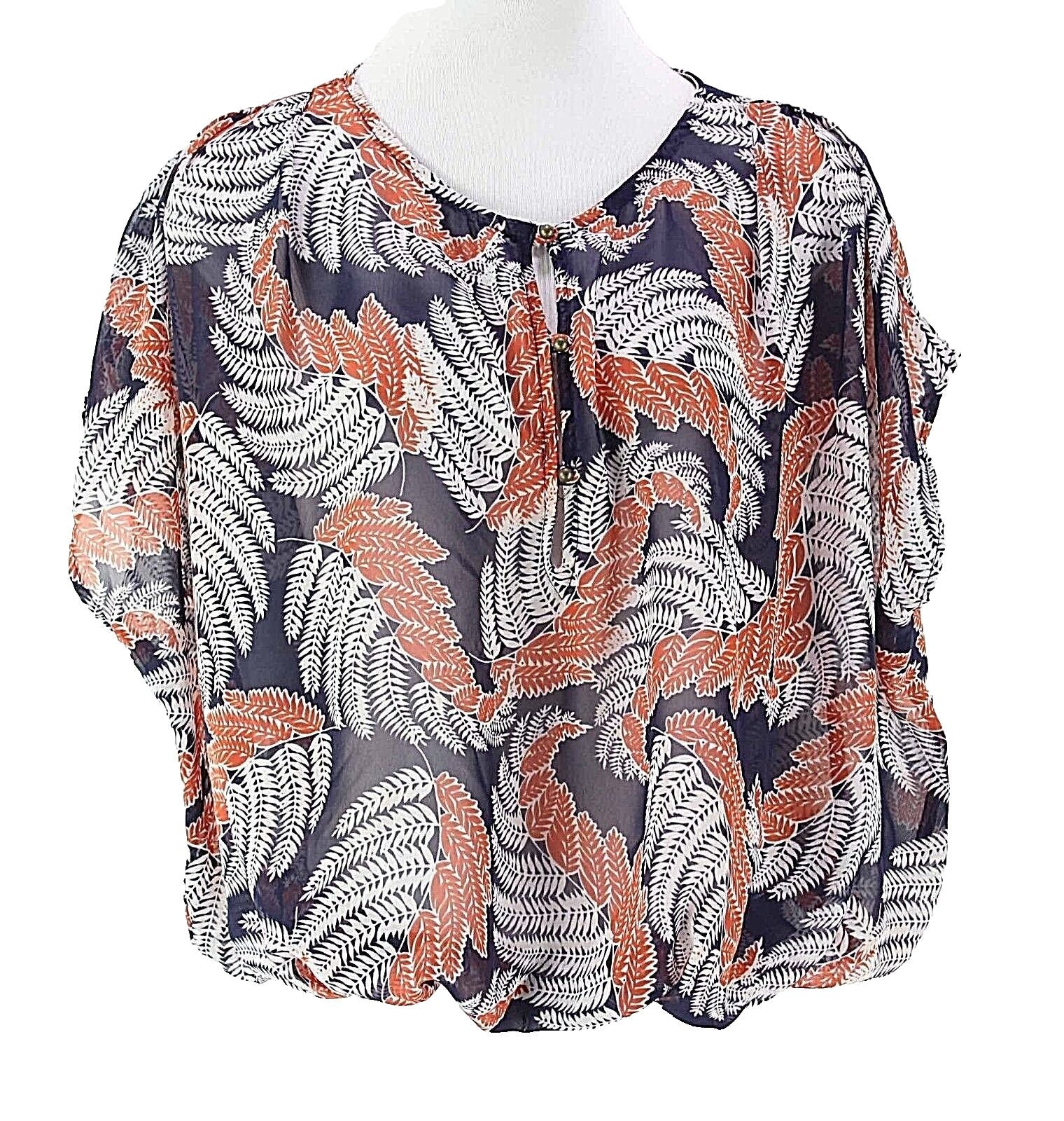 19 Cooper Sz XS Navy White Orange Drop Shoulder Elastic Hem Poly Top