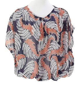 19 Cooper Sz XS Navy White Orange Drop Shoulder Elastic Hem Poly Top