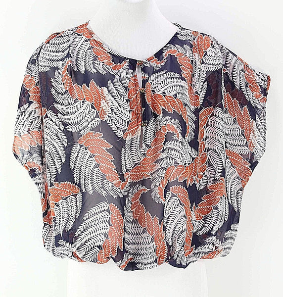 19 Cooper Sz XS Navy White Orange Drop Shoulder Elastic Hem Poly Top