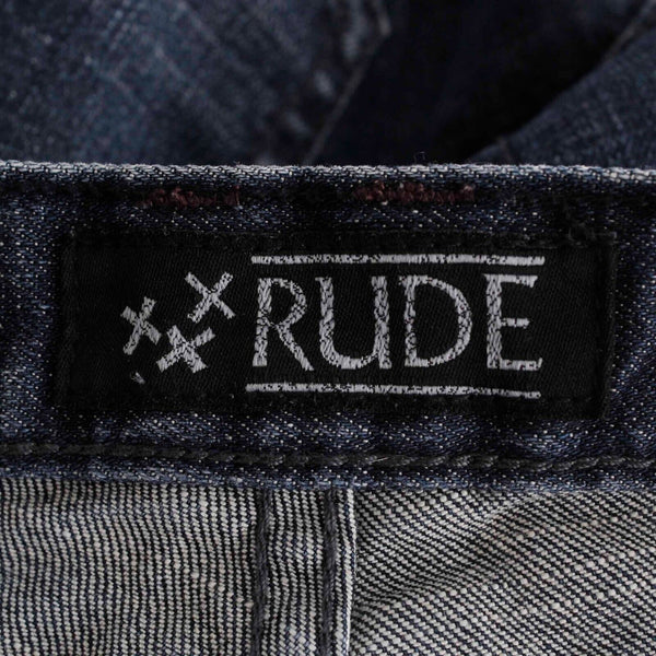 Rude Sz 24 x 30 Navy Blue Denim Whiskers 3 Button Closure Cotton Blend Jeans