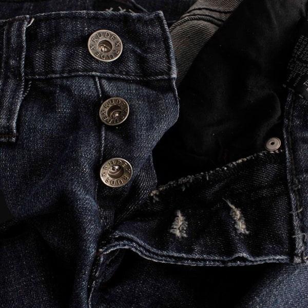 Rude Sz 24 x 30 Navy Blue Denim Whiskers 3 Button Closure Cotton Blend Jeans