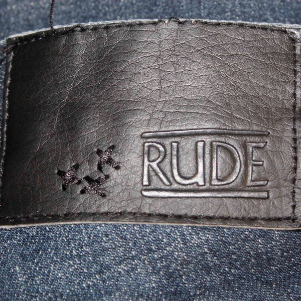 Rude Sz 24 x 30 Navy Blue Denim Whiskers 3 Button Closure Cotton Blend Jeans