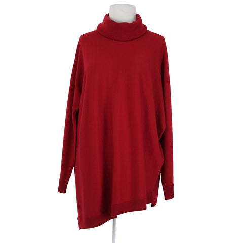 Eileen Fisher Sz Sp Red Turtle Neck Asymm Long Sleeve 100% Merino Wool Sweater