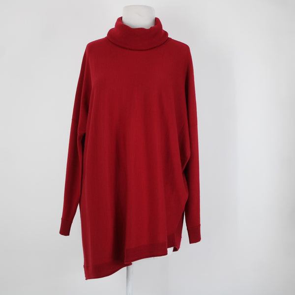 Eileen Fisher Sz Sp Red Turtle Neck Asymm Long Sleeve 100% Merino Wool Sweater