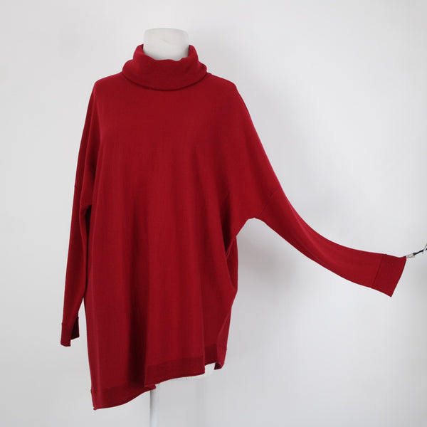 Eileen Fisher Sz Sp Red Turtle Neck Asymm Long Sleeve 100% Merino Wool Sweater