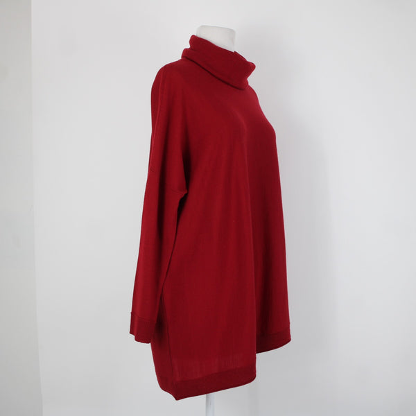 Eileen Fisher Sz Sp Red Turtle Neck Asymm Long Sleeve 100% Merino Wool Sweater