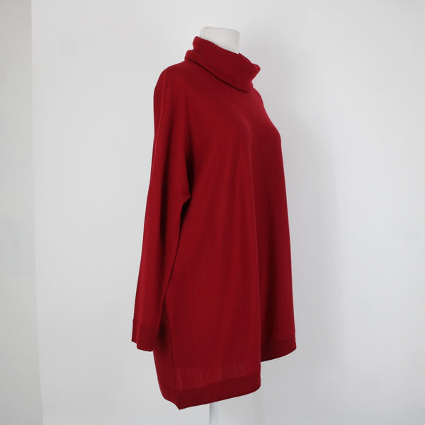 Eileen Fisher Sz Sp Red Turtle Neck Asymm Long Sleeve 100% Merino Wool Sweater