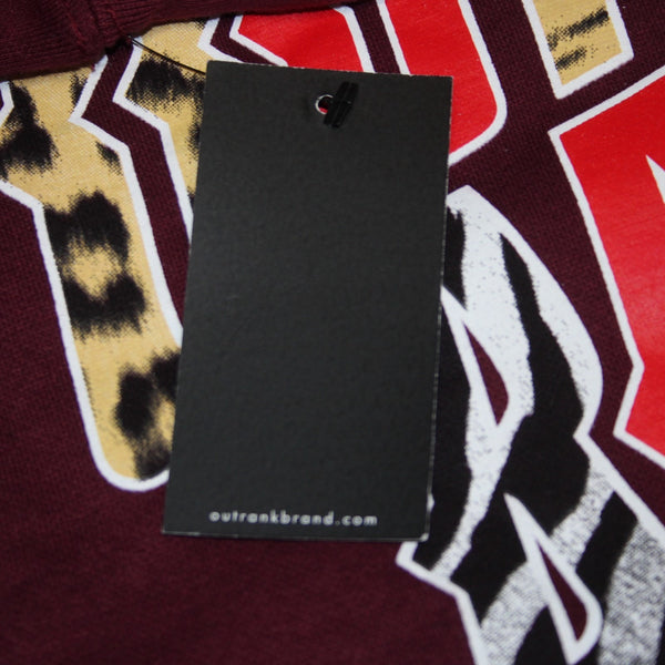 Outrank Sweater NEW Sz S Burgundy Red Multi Colored Logo Pocket Sweater