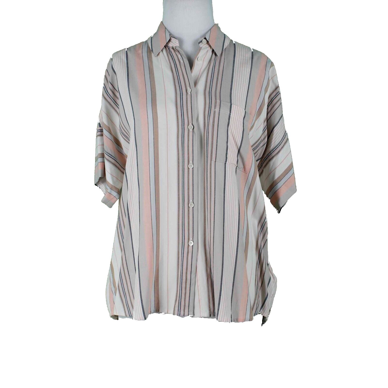 Madewell NEW $72 Sz XS Tan Peach Multi Stripes Hi Lo Button Up Viscose Woven Top