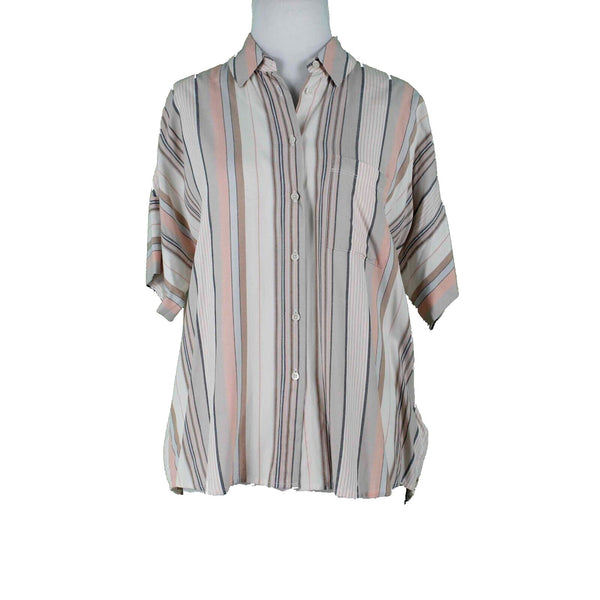 Madewell NEW $72 Sz XS Tan Peach Multi Stripes Hi Lo Button Up Viscose Woven Top