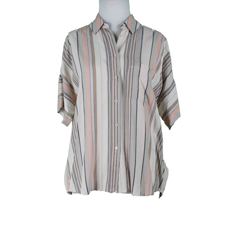 Madewell NEW $72 Sz XS Tan Peach Multi Stripes Hi Lo Button Up Viscose Woven Top