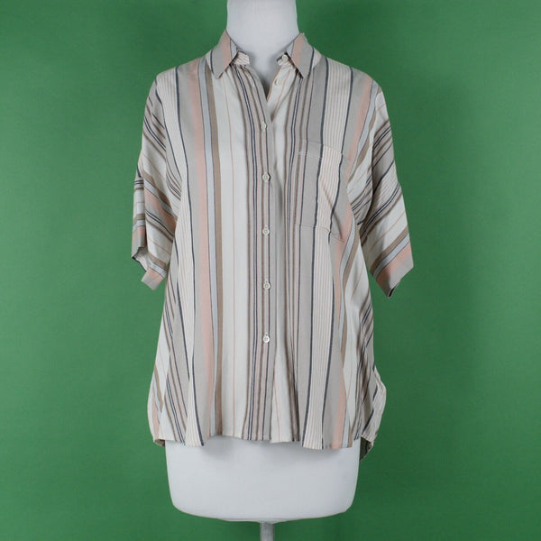 Madewell NEW $72 Sz XS Tan Peach Multi Stripes Hi Lo Button Up Viscose Woven Top