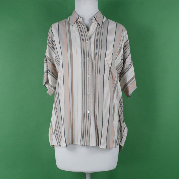 Madewell NEW $72 Sz XS Tan Peach Multi Stripes Hi Lo Button Up Viscose Woven Top
