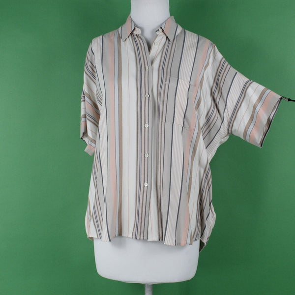 Madewell NEW $72 Sz XS Tan Peach Multi Stripes Hi Lo Button Up Viscose Woven Top