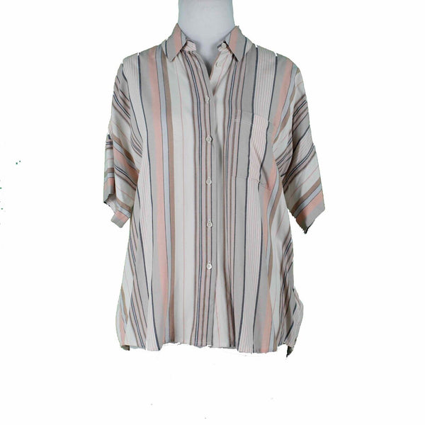 Madewell NEW $72 Sz XS Tan Peach Multi Stripes Hi Lo Button Up Viscose Woven Top