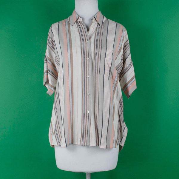 Madewell NEW $72 Sz XS Tan Peach Multi Stripes Hi Lo Button Up Viscose Woven Top