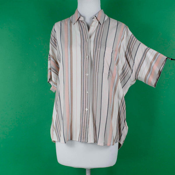 Madewell NEW $72 Sz XS Tan Peach Multi Stripes Hi Lo Button Up Viscose Woven Top