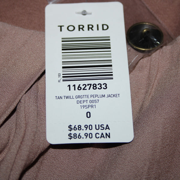Torrid NEW $69 Sz 0 Tan Twill Sheer Peplum Georgette Cotton Spandex Wrap Sweater