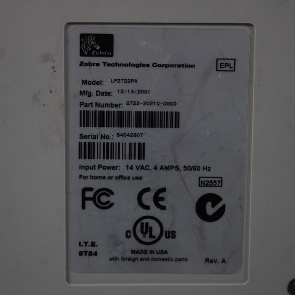 Zebra Eltron LP 2722 Input 14VAC 4 A,PS 50/60 HZ AS IS Label Thermal Printer