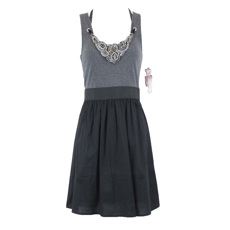Hot Tempered New $25 Sz M Black Charcoal Beaded Neck Knit Cotton Bld Dress