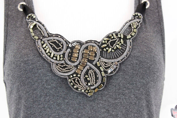 Hot Tempered New $25 Sz M Black Charcoal Beaded Neck Knit Cotton Bld Dress