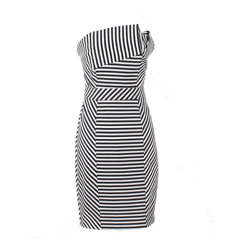 Aryn K Sz M White Black Striped Lined Strapless Bodycon Cotton Blend Knit Dress