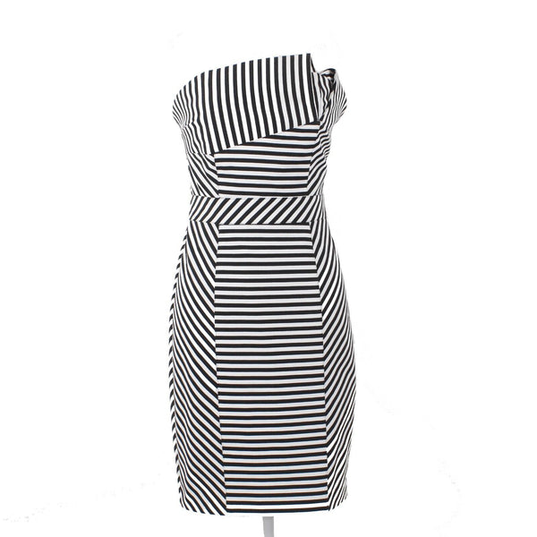 Aryn K Sz M White Black Striped Lined Strapless Bodycon Cotton Blend Knit Dress