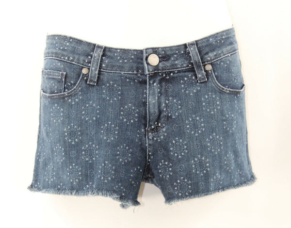 Paige Sz 26 x 2 Blue White Stamped Fringe Denim Cotton Blend Shorts