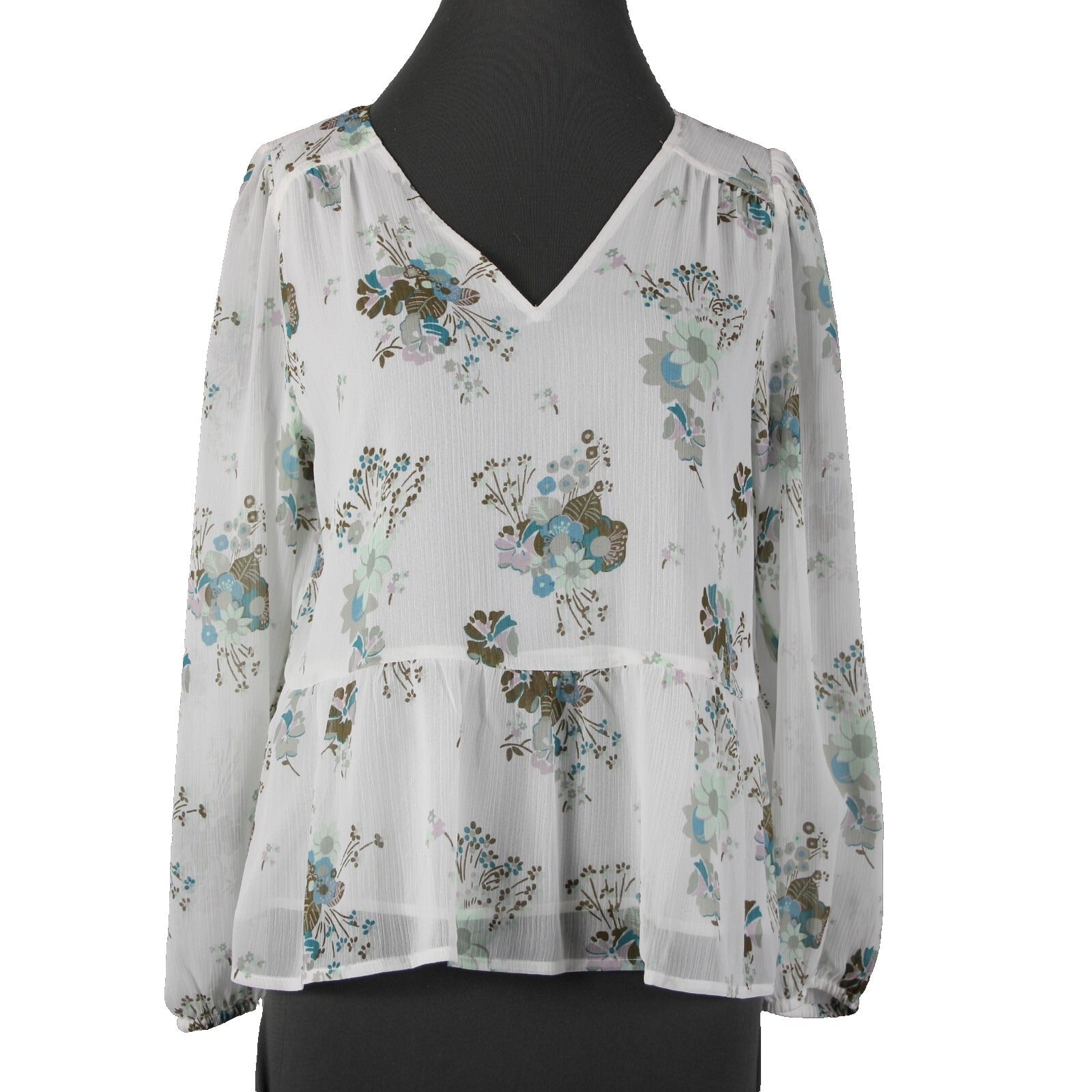 Loft NEW Petites Sz SP White Green Multi Color Floral V Neck 100% Polyester Top