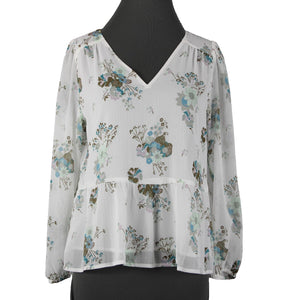 Loft NEW Petites Sz SP White Green Multi Color Floral V Neck 100% Polyester Top