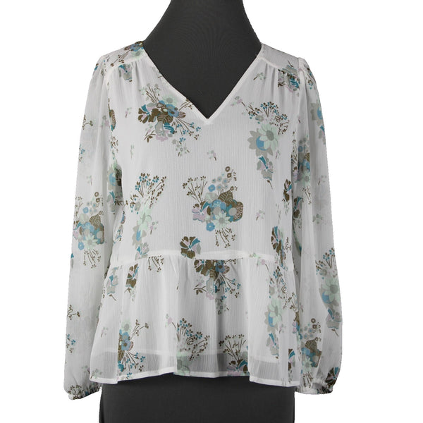 Loft NEW Petites Sz SP White Green Multi Color Floral V Neck 100% Polyester Top