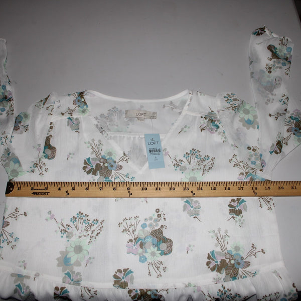 Loft NEW Petites Sz SP White Green Multi Color Floral V Neck 100% Polyester Top