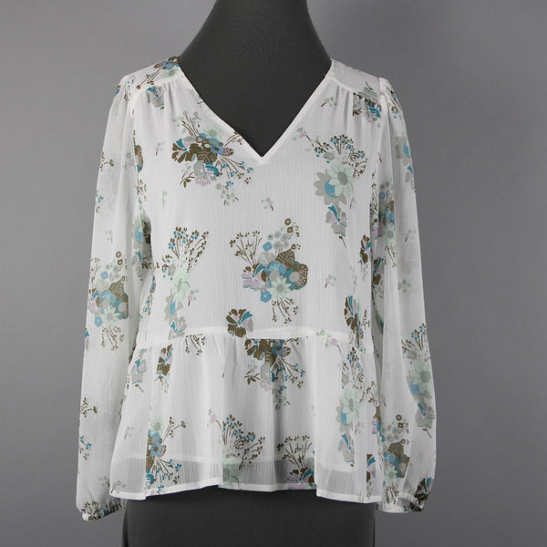 Loft NEW Petites Sz SP White Green Multi Color Floral V Neck 100% Polyester Top