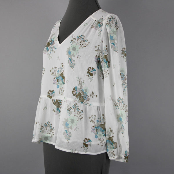 Loft NEW Petites Sz SP White Green Multi Color Floral V Neck 100% Polyester Top