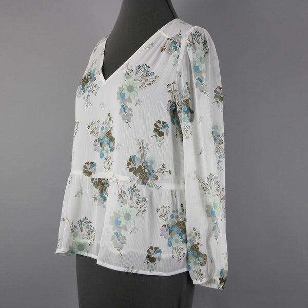Loft NEW Petites Sz SP White Green Multi Color Floral V Neck 100% Polyester Top
