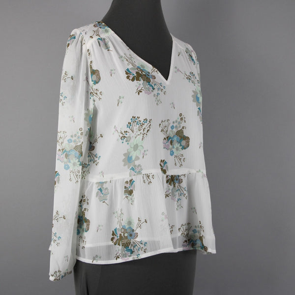 Loft NEW Petites Sz SP White Green Multi Color Floral V Neck 100% Polyester Top