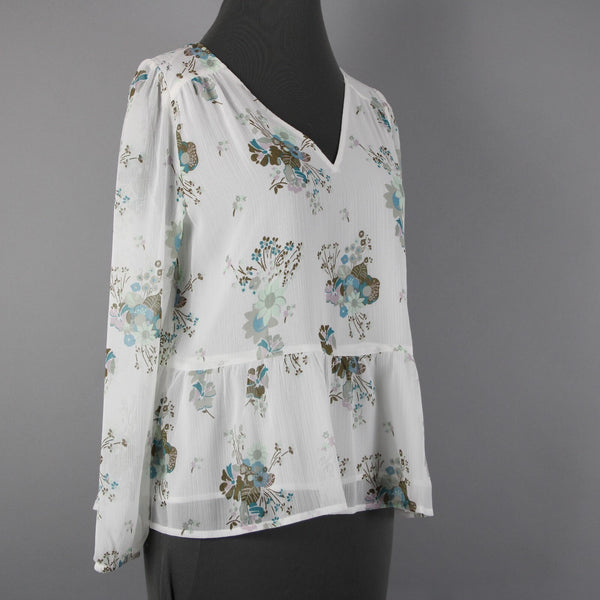 Loft NEW Petites Sz SP White Green Multi Color Floral V Neck 100% Polyester Top