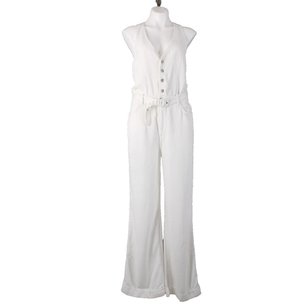 7 For All Mankind Jumpsuit Sz L x 34 White Denim Buttons V Neck 100% Lyocell