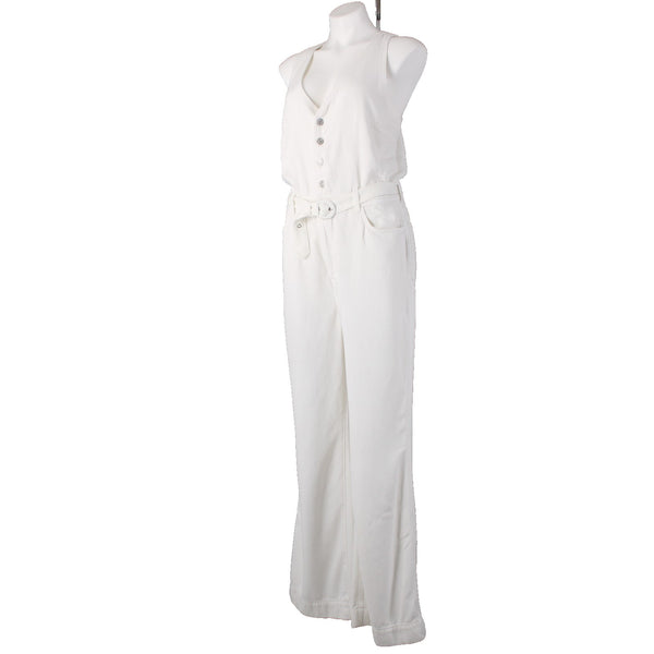 7 For All Mankind Jumpsuit Sz L x 34 White Denim Buttons V Neck 100% Lyocell