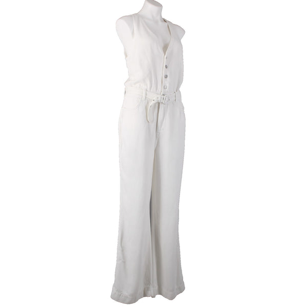 7 For All Mankind Jumpsuit Sz L x 34 White Denim Buttons V Neck 100% Lyocell