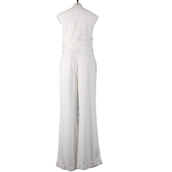 7 For All Mankind Jumpsuit Sz L x 34 White Denim Buttons V Neck 100% Lyocell