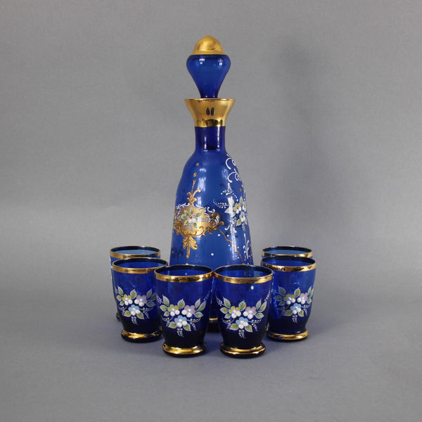 Bohemian Decanter Set Cobalt Blue Gold Painted With 6 Cups Decanter
