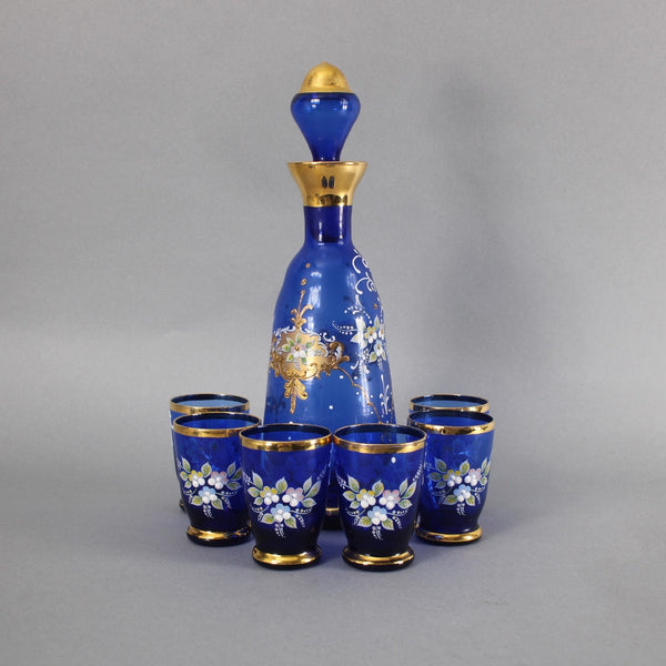 Bohemian Decanter Set Cobalt Blue Gold Painted With 6 Cups Decanter