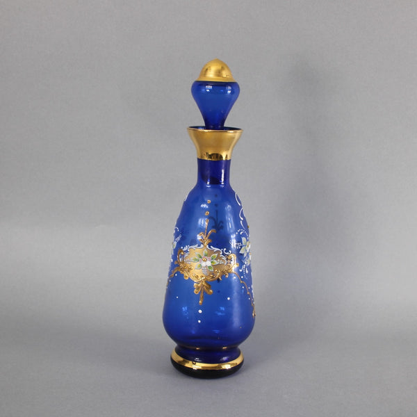 Bohemian Decanter Set Cobalt Blue Gold Painted With 6 Cups Decanter
