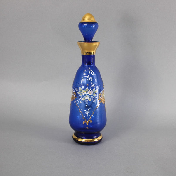 Bohemian Decanter Set Cobalt Blue Gold Painted With 6 Cups Decanter