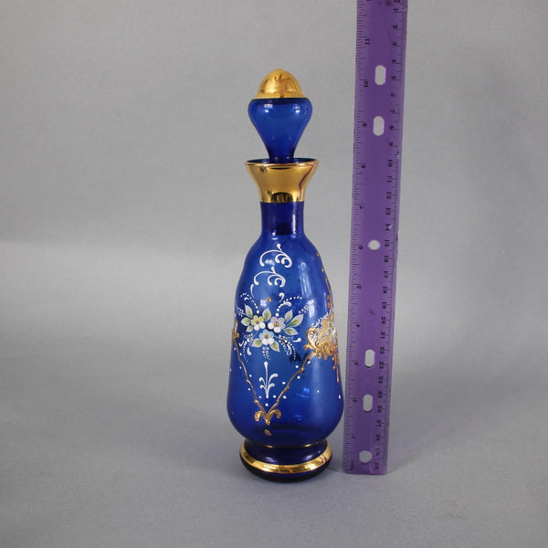Bohemian Decanter Set Cobalt Blue Gold Painted With 6 Cups Decanter