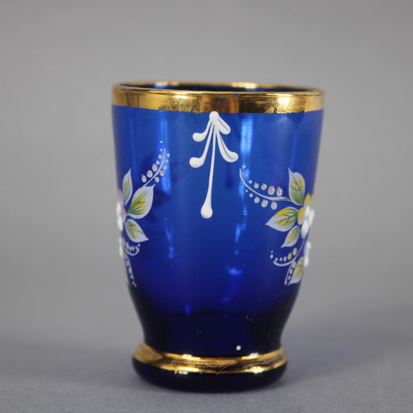 Bohemian Decanter Set Cobalt Blue Gold Painted With 6 Cups Decanter